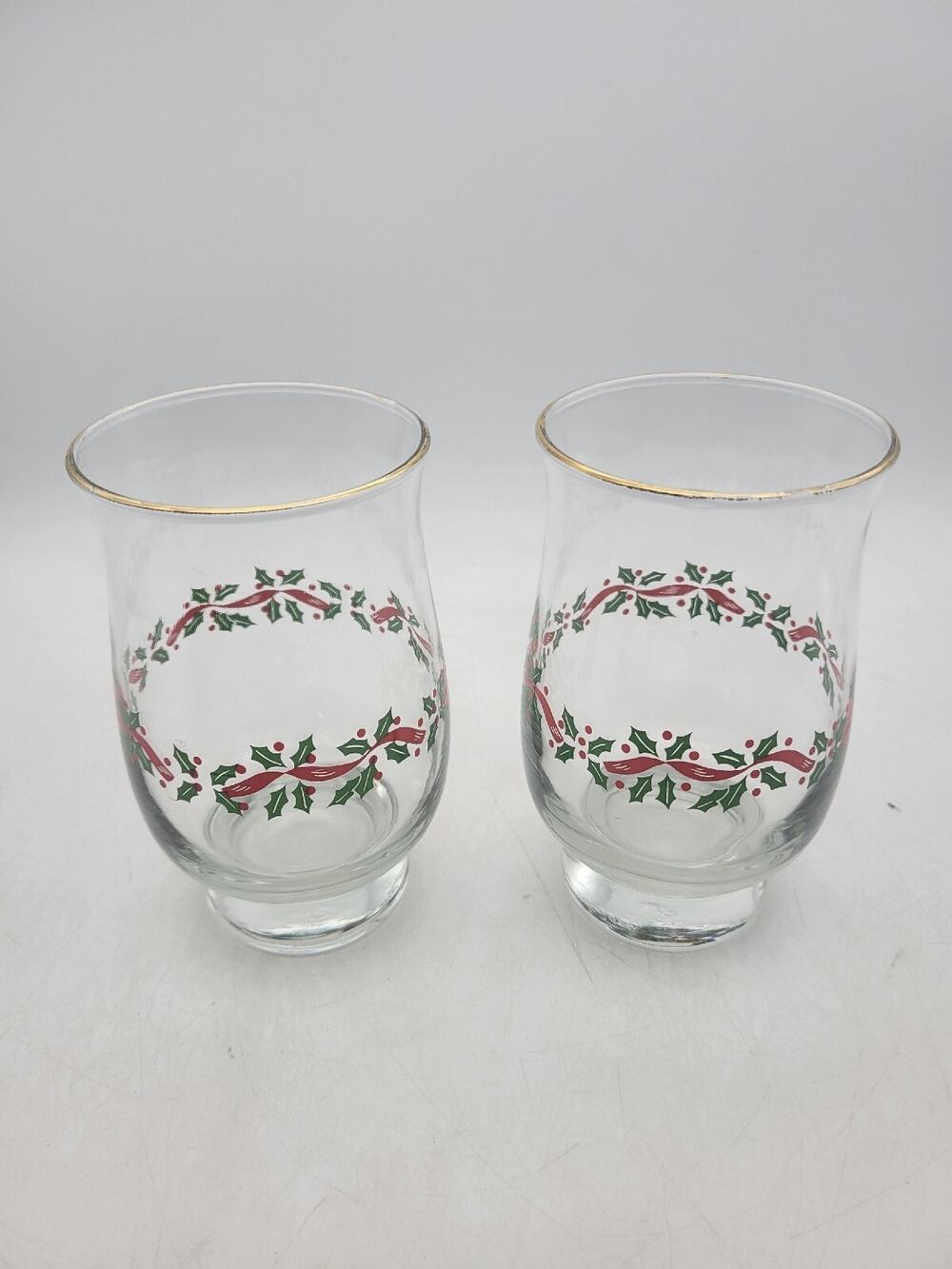 Vintage Libbey Holly Ribbon Glasses Set (4) Tumblers Tulip Shape Gold Bands 14oz